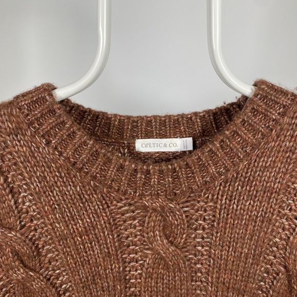 Celtic & Co Cable Knit Crewneck Jumper Chunky Aran 100% Merino Wool Brown Medium - Picture 6 of 12